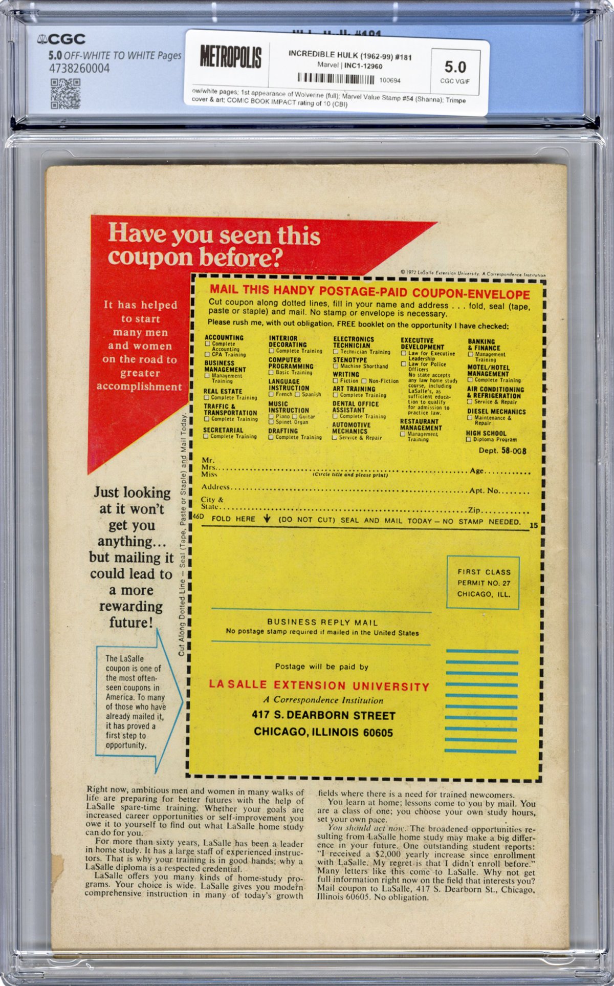 View back cover of INCREDIBLE HULK (1962-99) #181